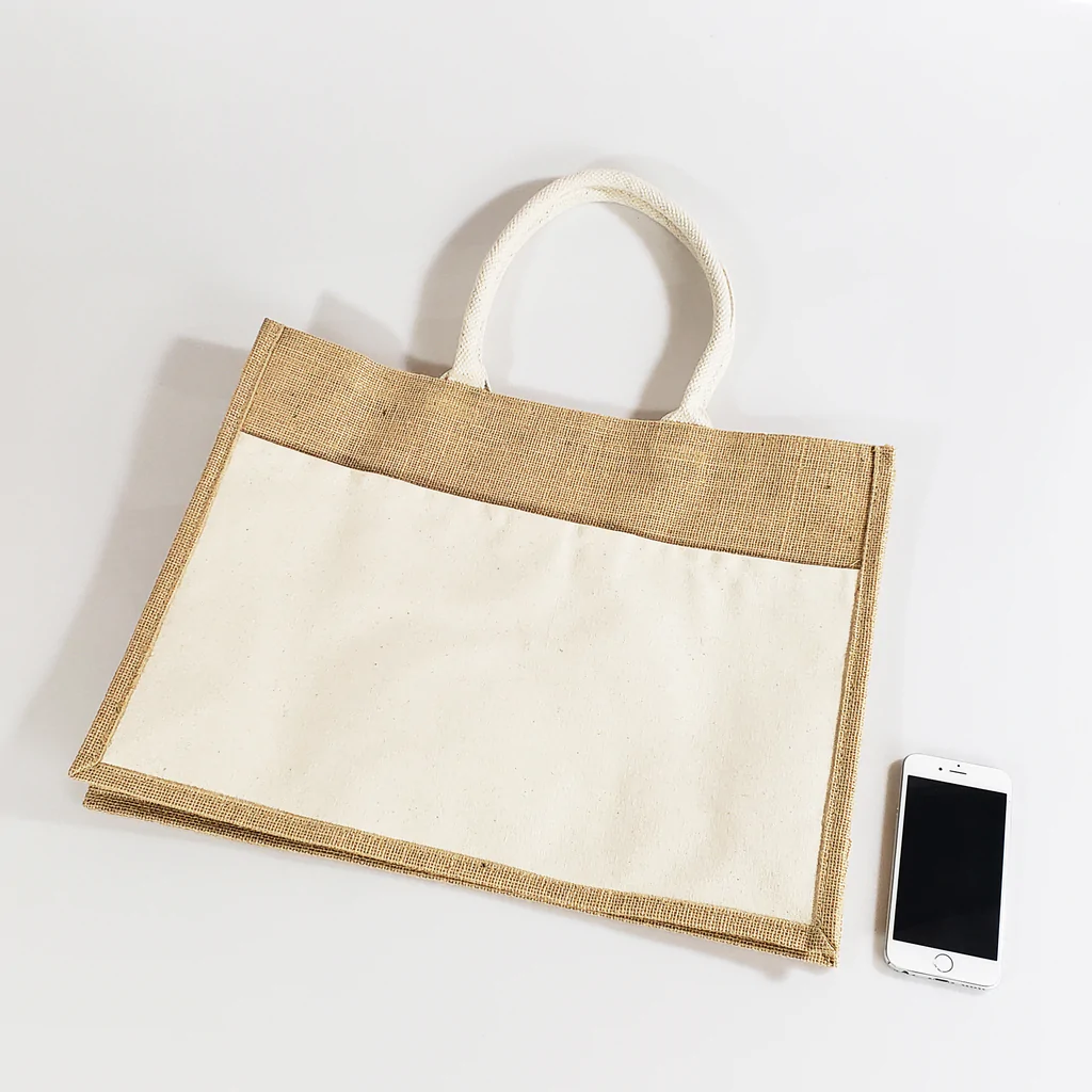 Easy-to-Decorate Jute Tote Bags with Canvas Front Pocket - By Piece