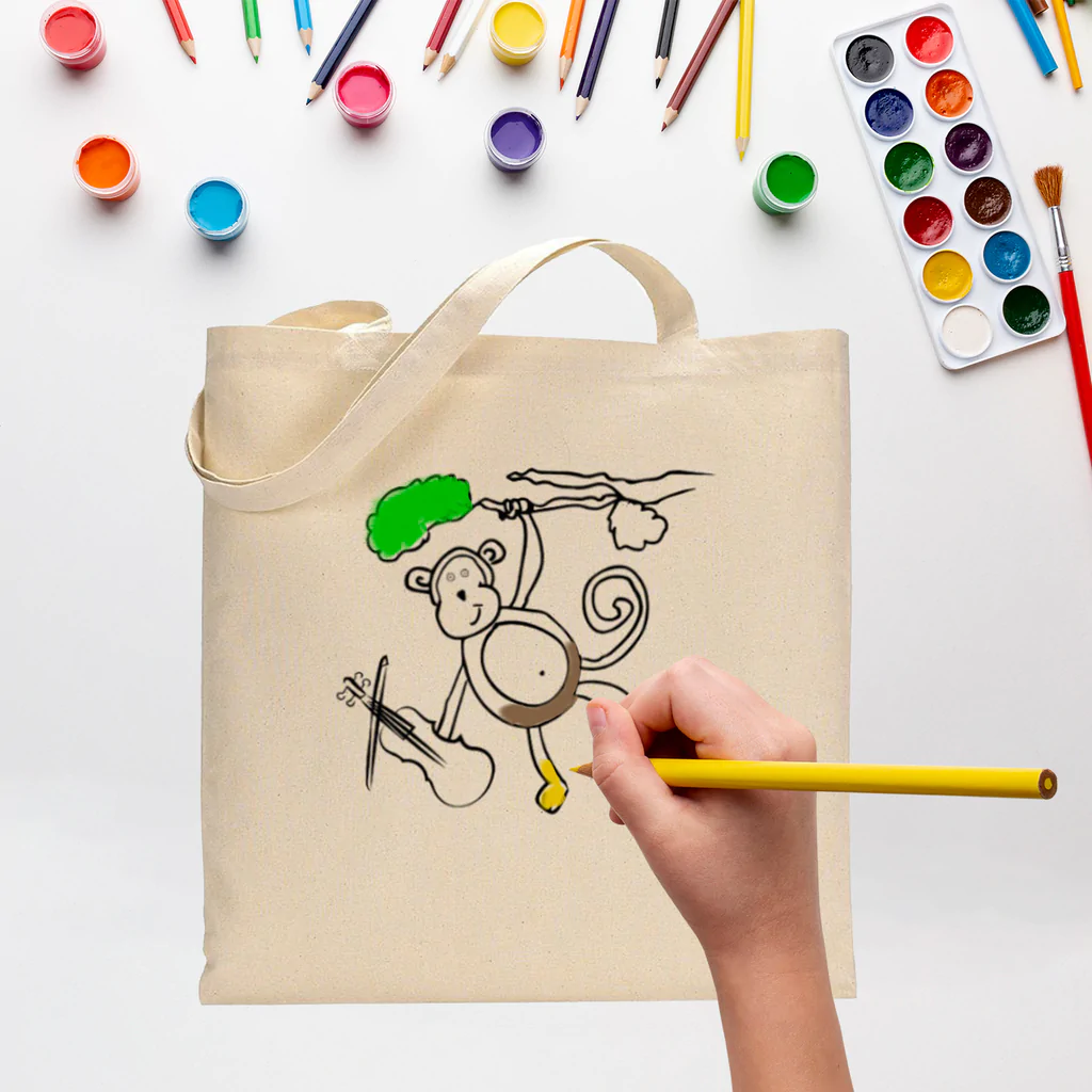 Black Color Monkey Tote Bag (Basic Level) - Coloring-Painting Bags for Kids