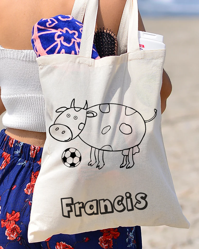 Black Color Baby Cow Tote Bag (Basic Level) - Coloring-Painting Bags for Kids