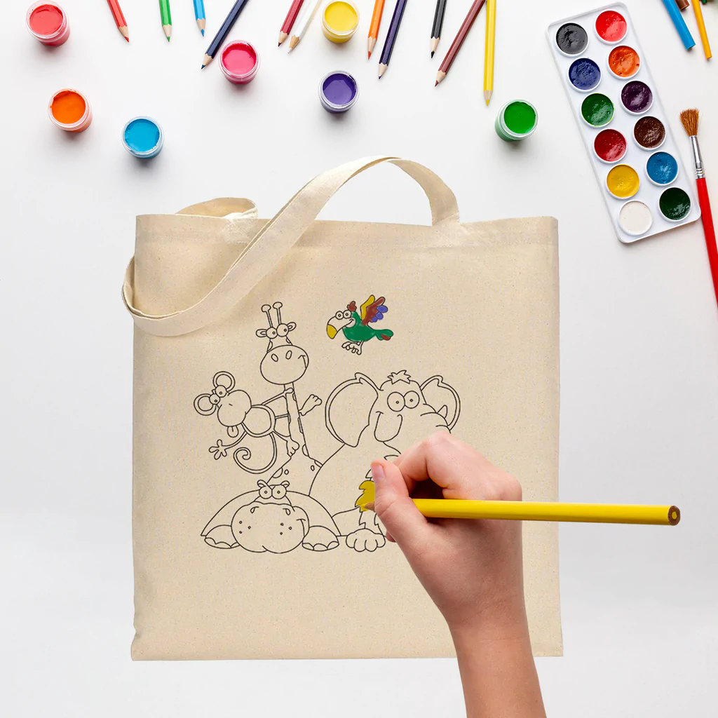 Black Color Zoo Tote Bag (Advance Level) - Coloring-Painting Bags for Kids