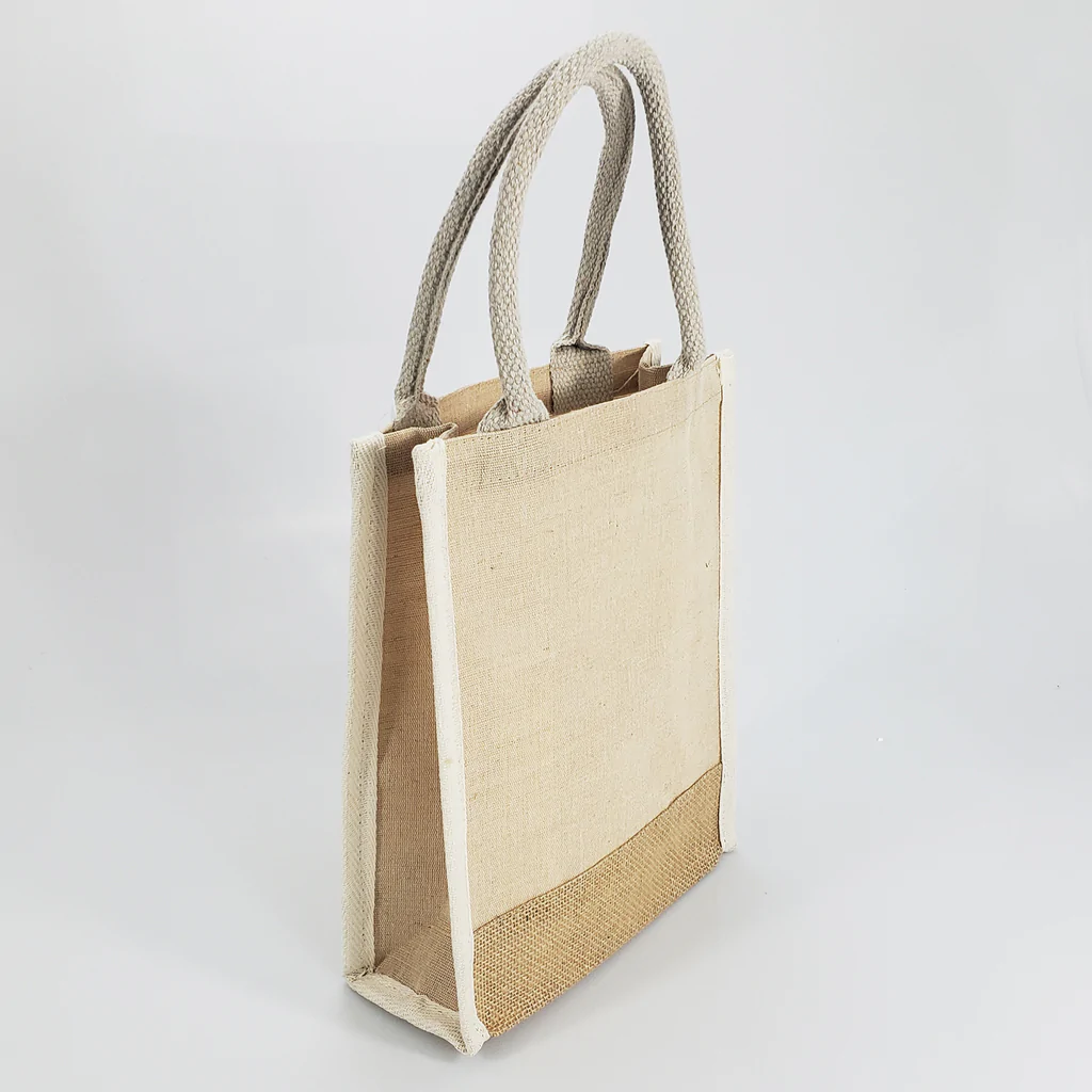 Small Jute Blend Tote Bags with Full Gusset and Burlap Accents