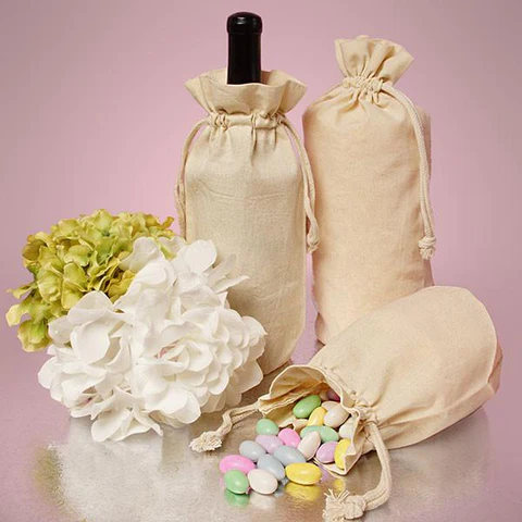 Single Bottle Natural Cotton Muslin Wine Bags with Drawstrings Closure - By Piece