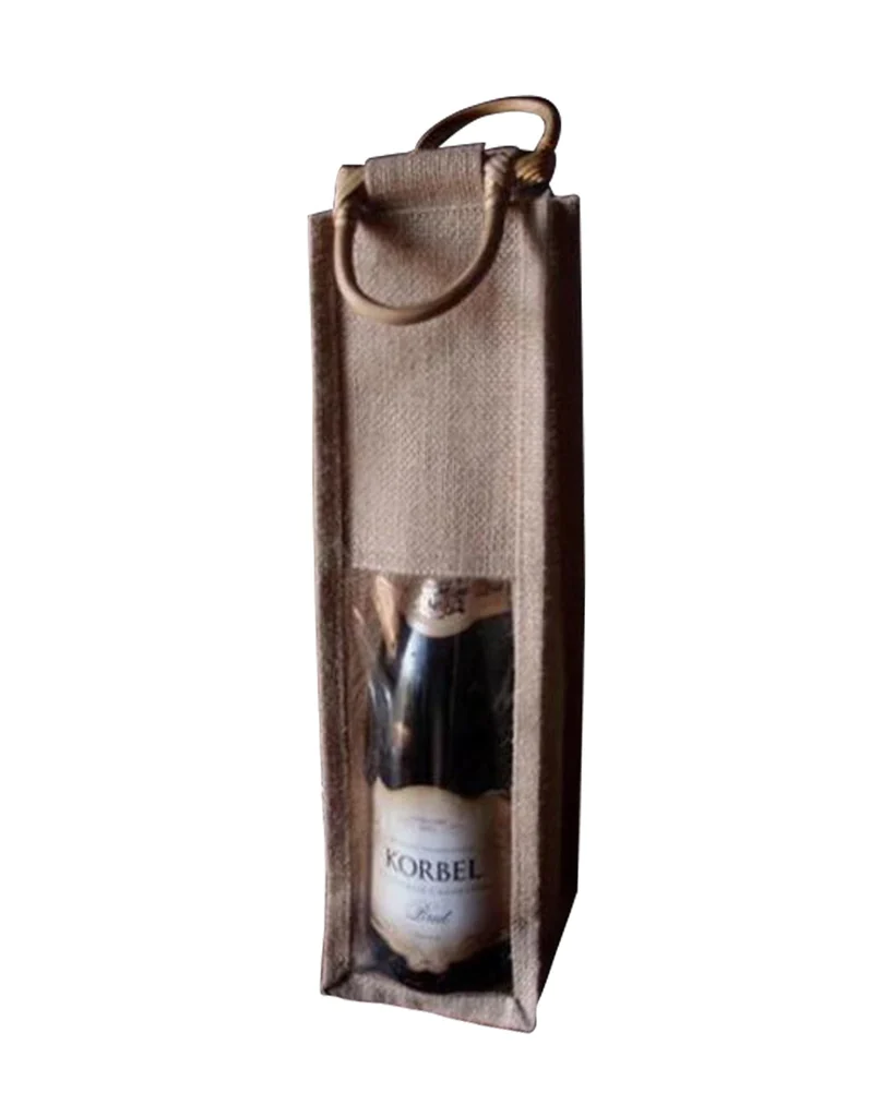 Single Bottle Burlap Gift Wine Bags with Wooden Handles & PVC Window - By Piece