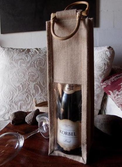 Single Bottle Burlap Gift Wine Bags with Wooden Handles & PVC Window - By Piece